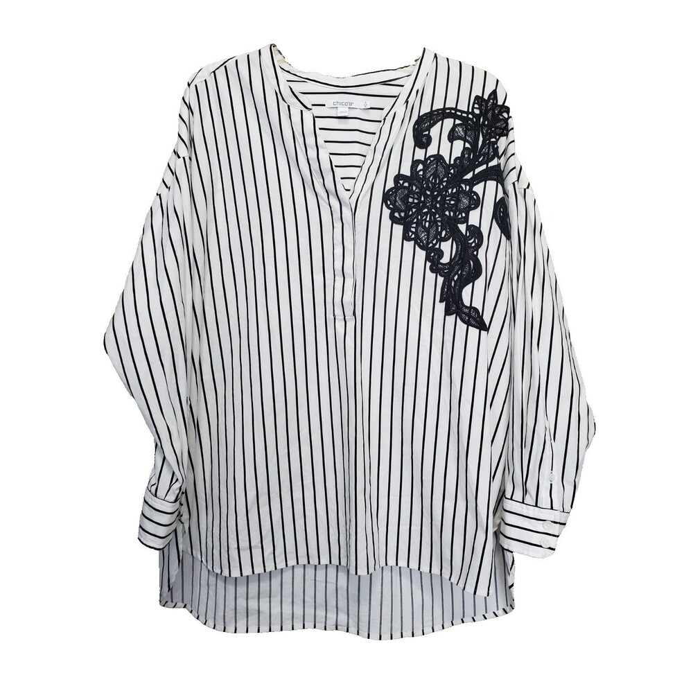 Chico's Poplin Striped Applique Long Sleeve Tunic Size 3 (XL)